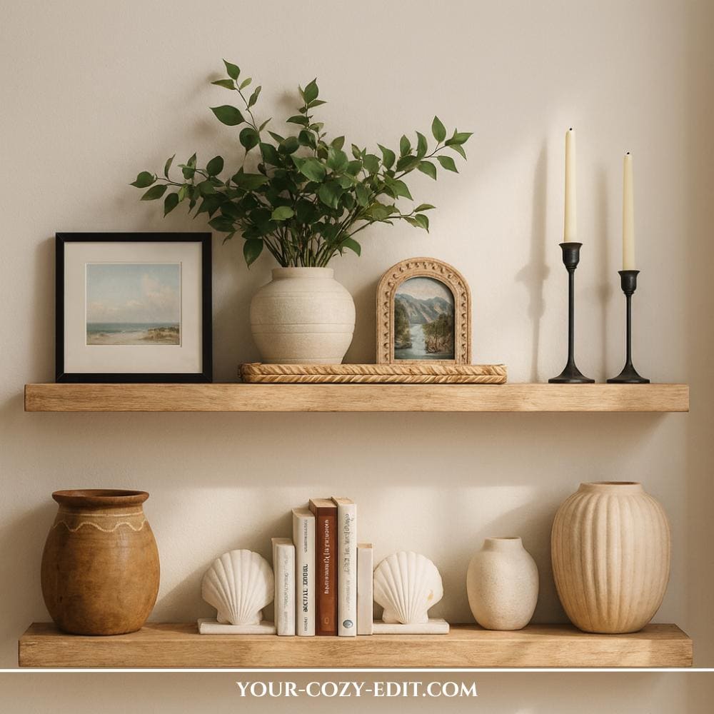 Two light wooden floatinh shelves with elegant decor and cute shell book ends