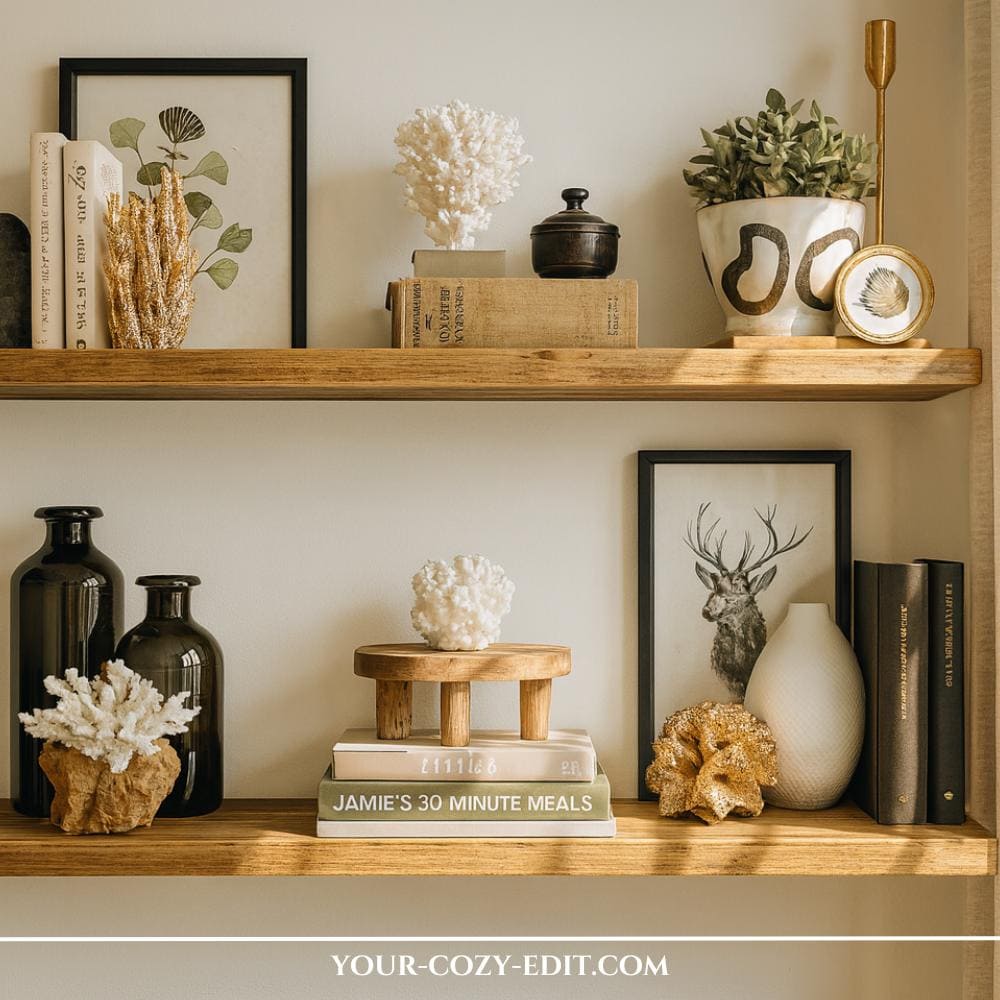Stylish wooden shelf decorated with wooden elements, dark vases and picture frames