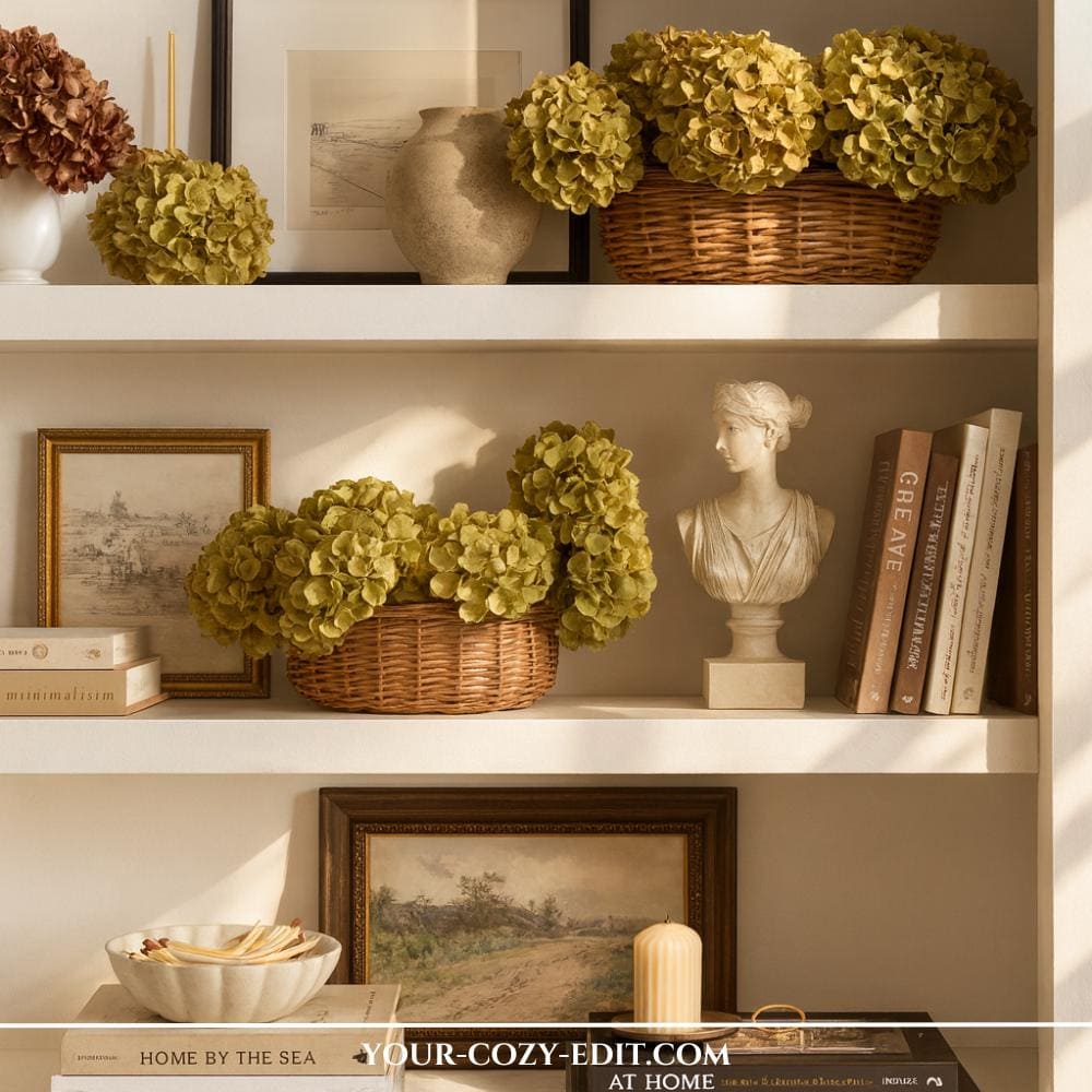 Mediterranean Farmhouse Style Idea for Shelves with green hydrangeas