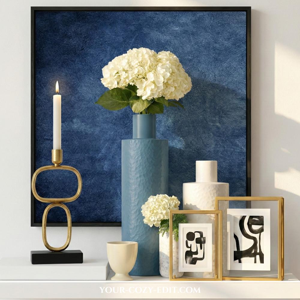 Shelf decor with dark blue wall art and abstract gold candle holder