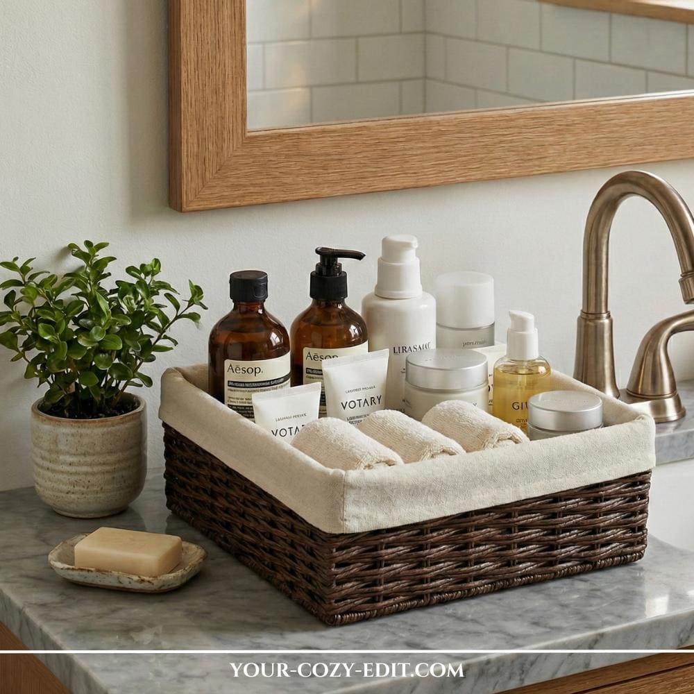 Woven Basket as Organizer for Bathroom Vanity
