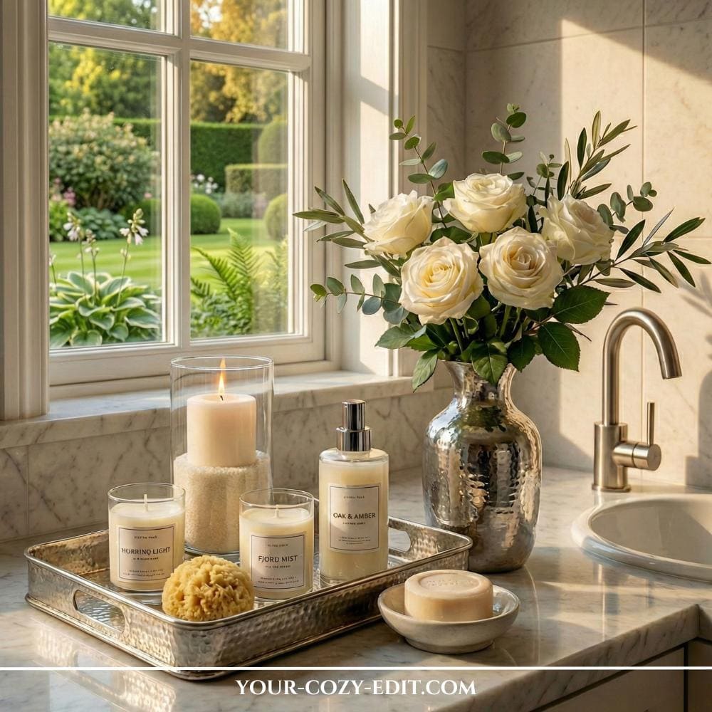 Elegant silver serving tray as bathroom vanity decor