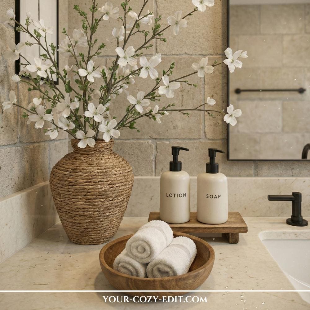 Natural bathroom vanity decor with white flowers
