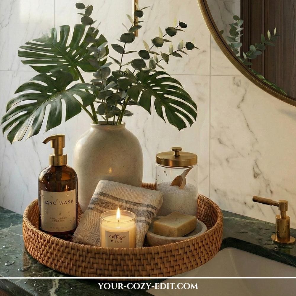 Fresh Eucalyptus Bathroom Vanity Decor Idea with Wicker Tray