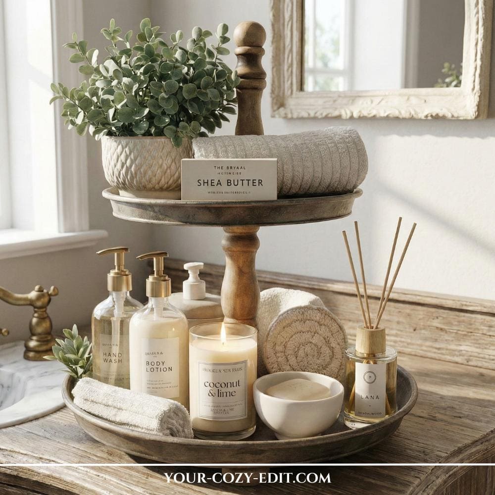 Tiered Tray as Rustic Bathroom Vanity Decor