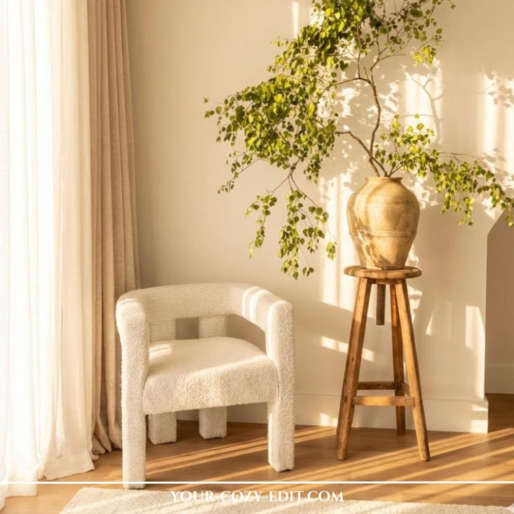 Minimalism Decor Idea for Empty Corner with Chair and Vase with large branches on a stool