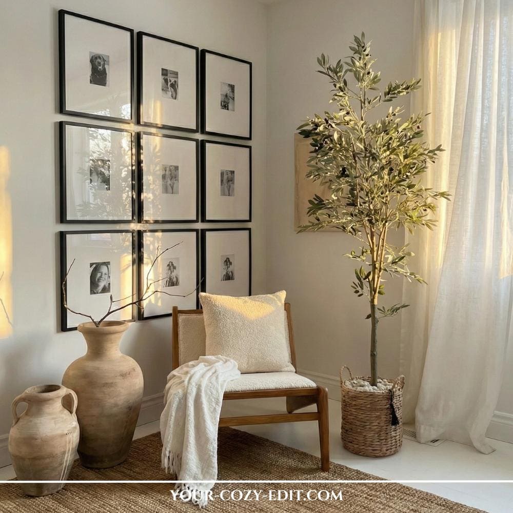 Room Corner Design with Oversized Vases, Olive Tree and Wall Gallery