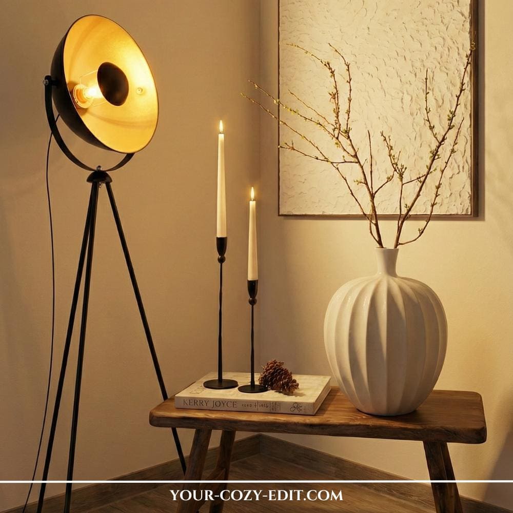 Statement Floor Lamp and little wooden bench to style a small nook