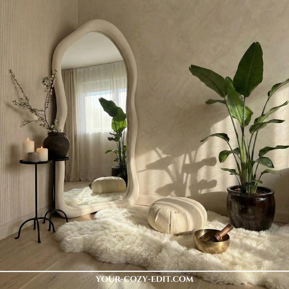 Zen Meditation Corner with fluffy carpet and large mirror