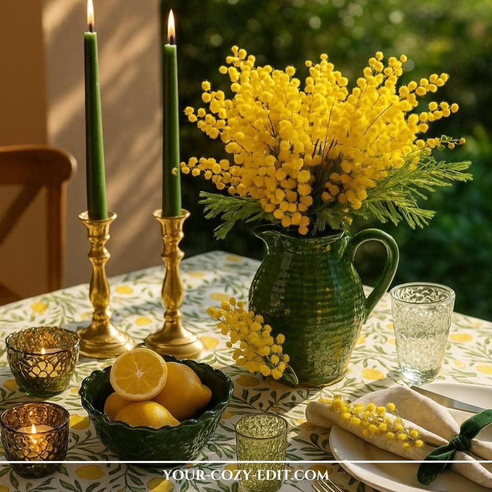 Forest Green & Sun-Kissed Yellow Tablescape Styling Idea with elegant gold candleholders and yellos flowers in green vase