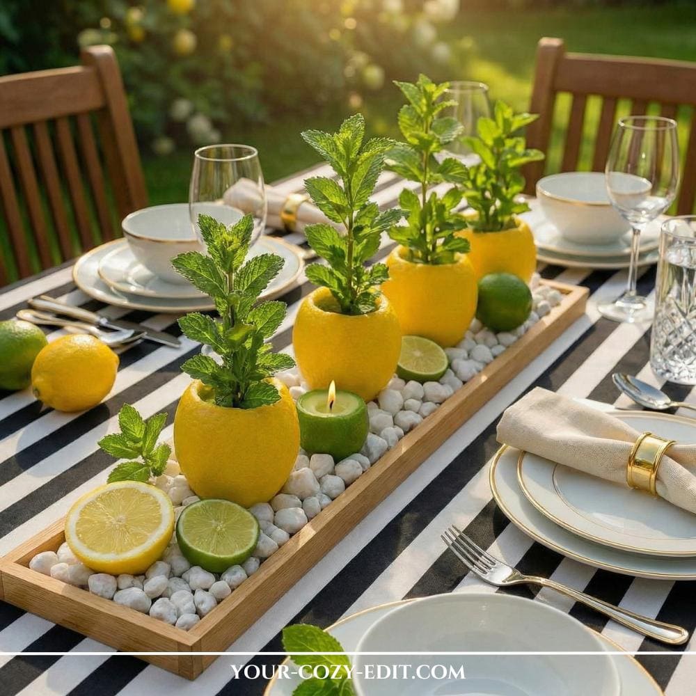 DIY Lemon-Mint Tablescape styling idea with lemons as vase for mint 