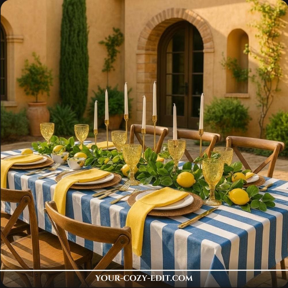 Mediterranean tablescape styling with blue-striped cloths and green leaf garland with lemons