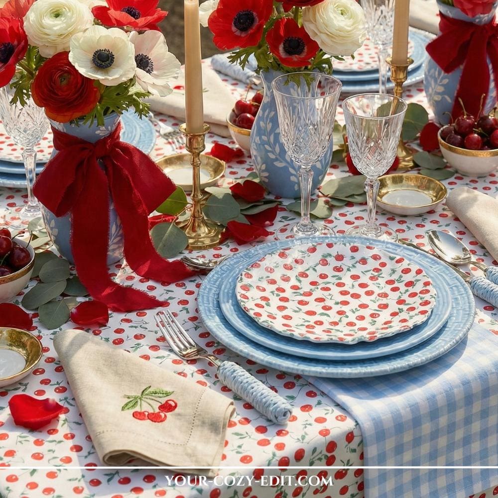 A Playful Red & Blue Tablescape with Cherry Theme for Summer Dinners