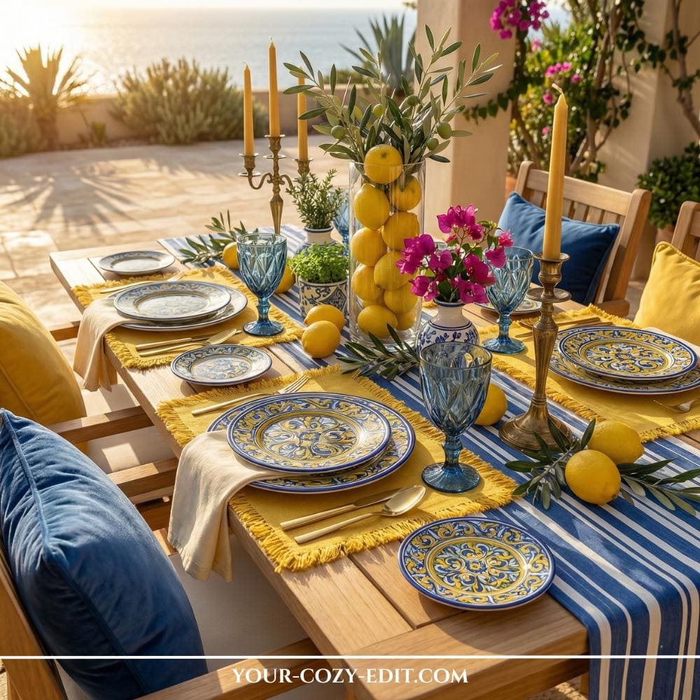 Mediterranean Tablescape in yellow and blue with lemons and purple flower arrangements