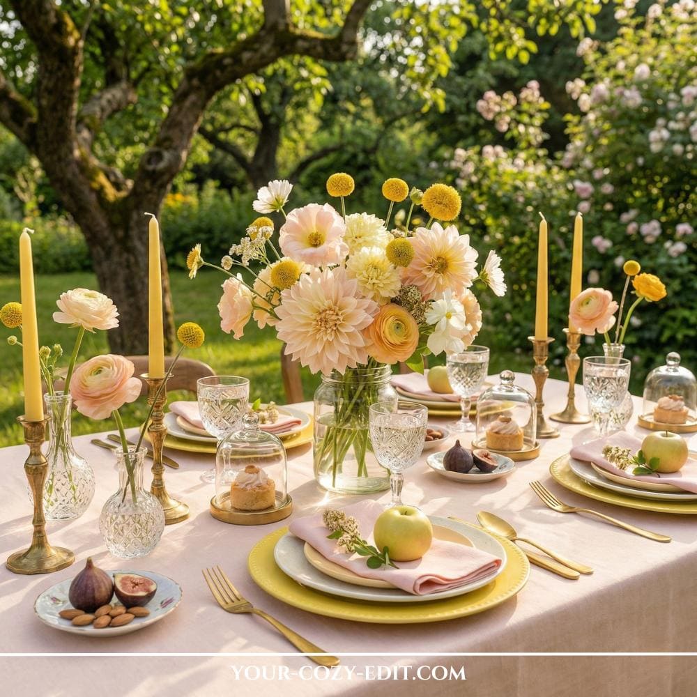 Peach & Buttercream Garden Tablescape Styling Idea for Garden Brunch
