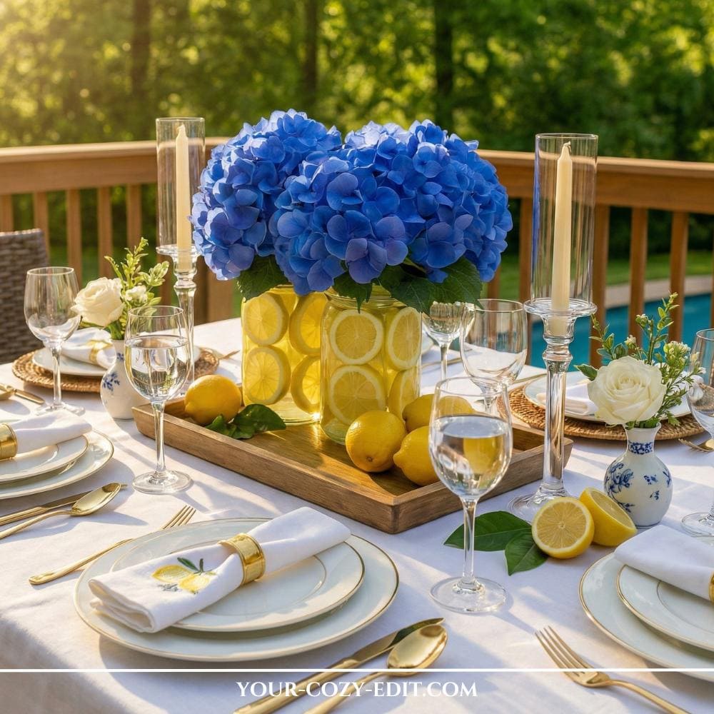 Bright summer table setting with dark blue hydrangeas and lemon-lined vase