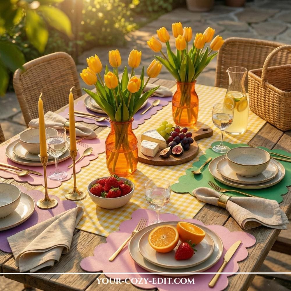 Whimsical tablescape styling with color-block decor in pastel colors