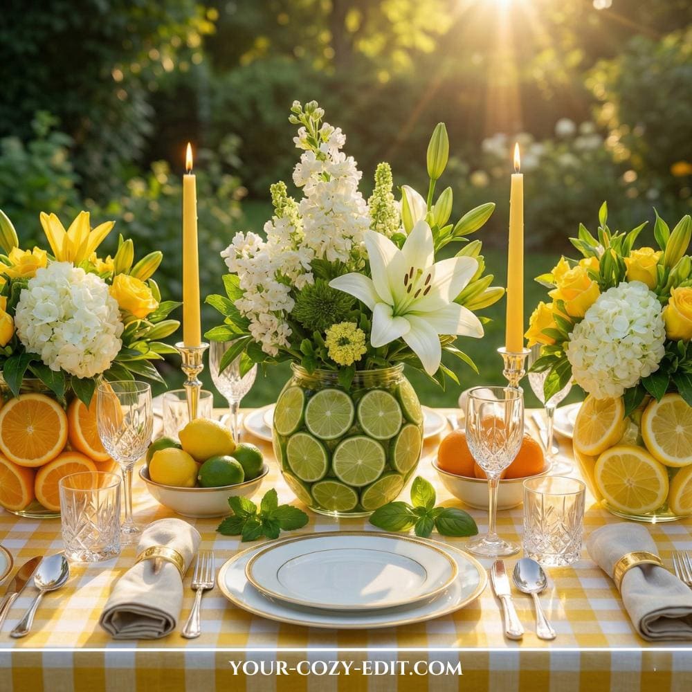 Lemon, Orange and lime lined glass vases as table centerpieces for garden party or wedding