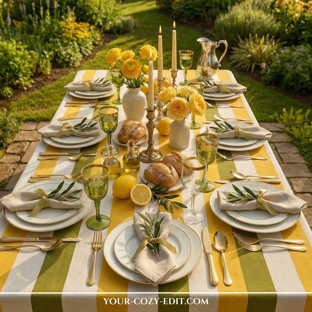 A Mediterranean Tablescape in green and yellow with citrus as decor