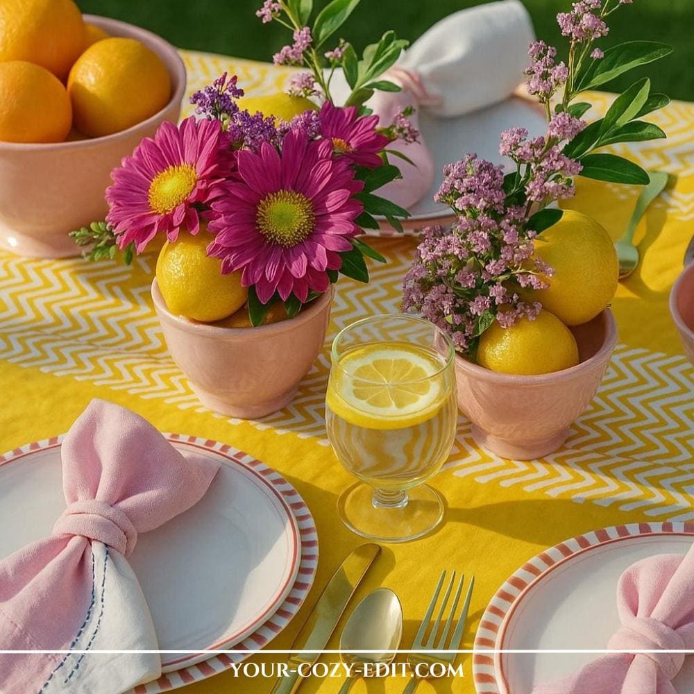 Pink and zesty summer tablescape styling idea for garden parties