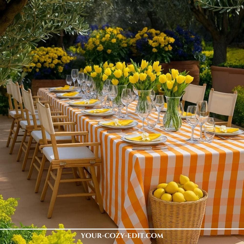 Orange & Yellow Summer Tablescape Styling Idea for Garden Parties with Rustic Touch