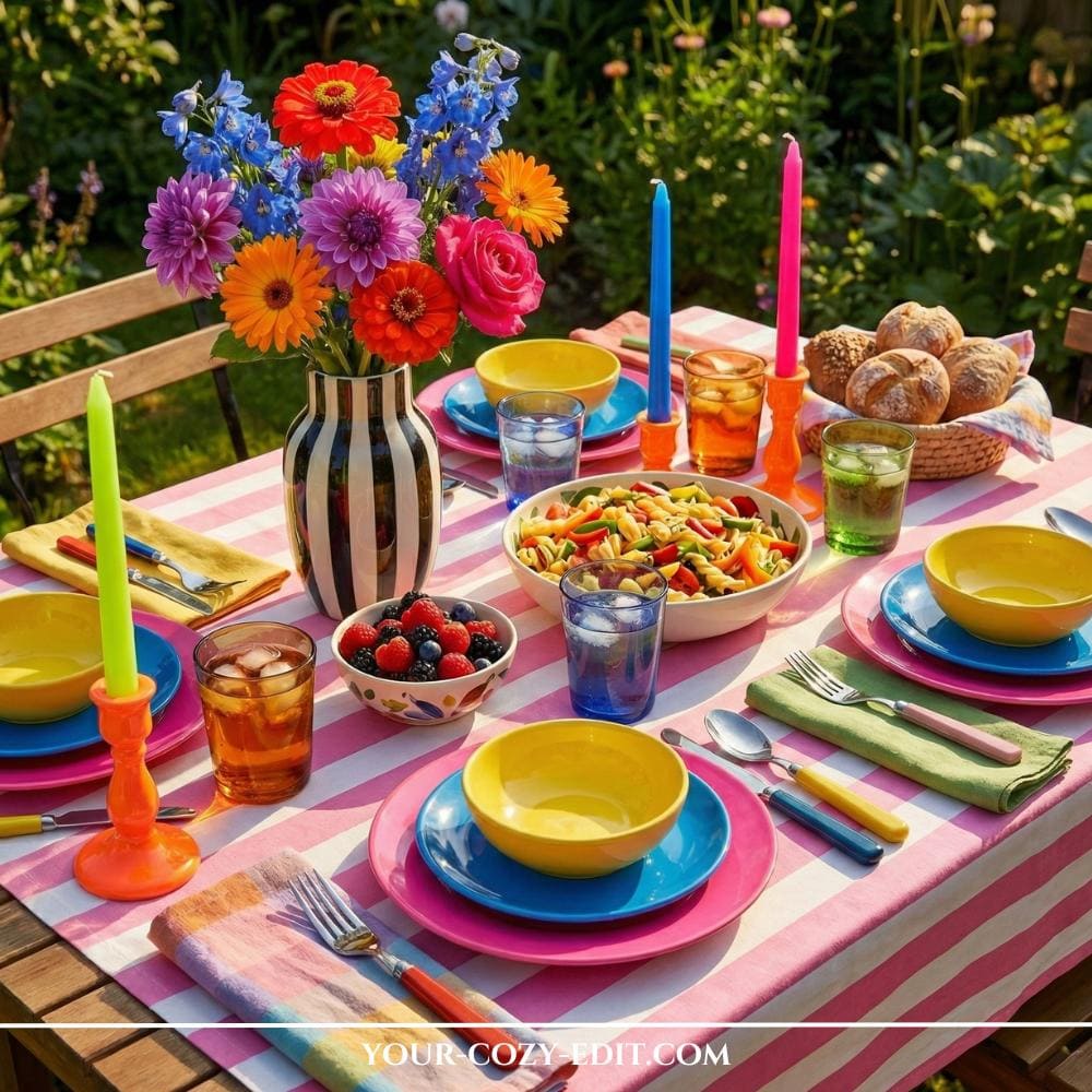 Bold & Eclectic Maximalist Tablescape Styling with bright neon colors 