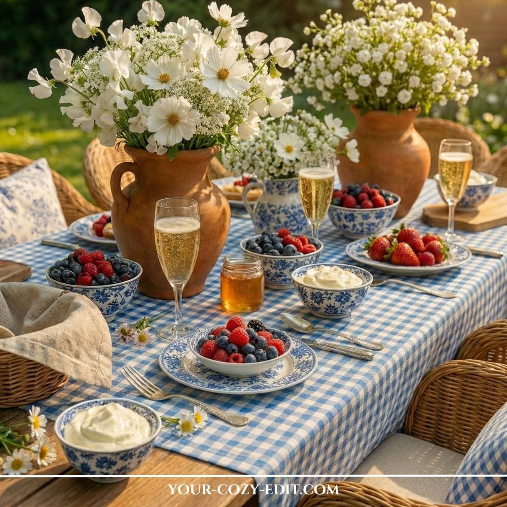 Cottage Core Brunch Tablesacpe Styling Idea with Blue Gingham