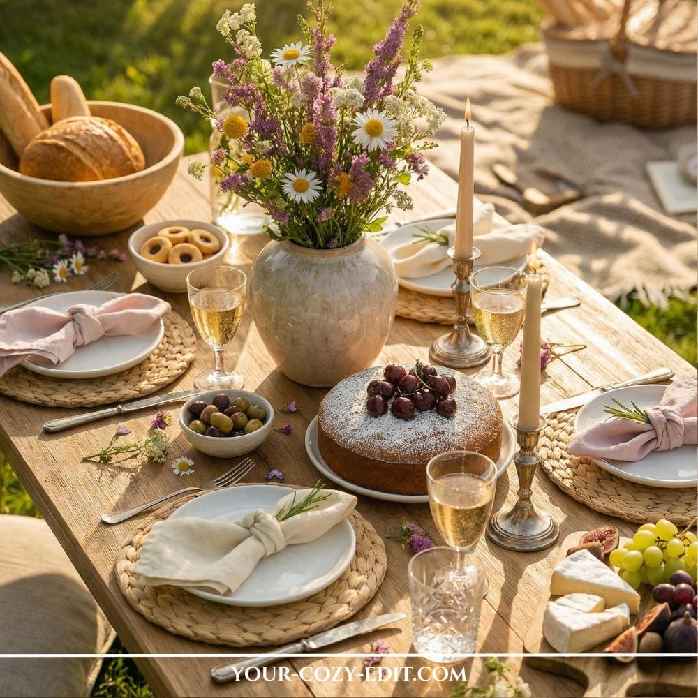 Scandinavian picnic styled tablescape for garden brunches