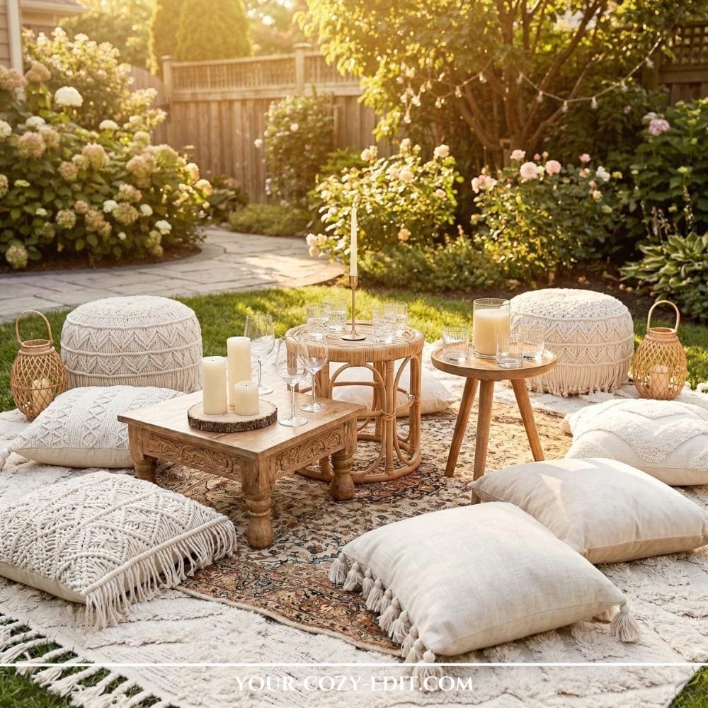 A cozy, bohemian-style backyard lounge area features layered ornate and cream-textured rugs spread over a lush green lawn. Large white macramé poufs and fringed floor cushions are arranged around low-profile wooden and rattan side tables holding wine glasses and candles. Warm afternoon sunlight filters through large blooming hydrangea and rose bushes in the background, creating a dreamy, sun-drenched atmosphere. Woven lanterns and candles placed on rustic wood slices add an inviting, soft glow to the entire outdoor setting.