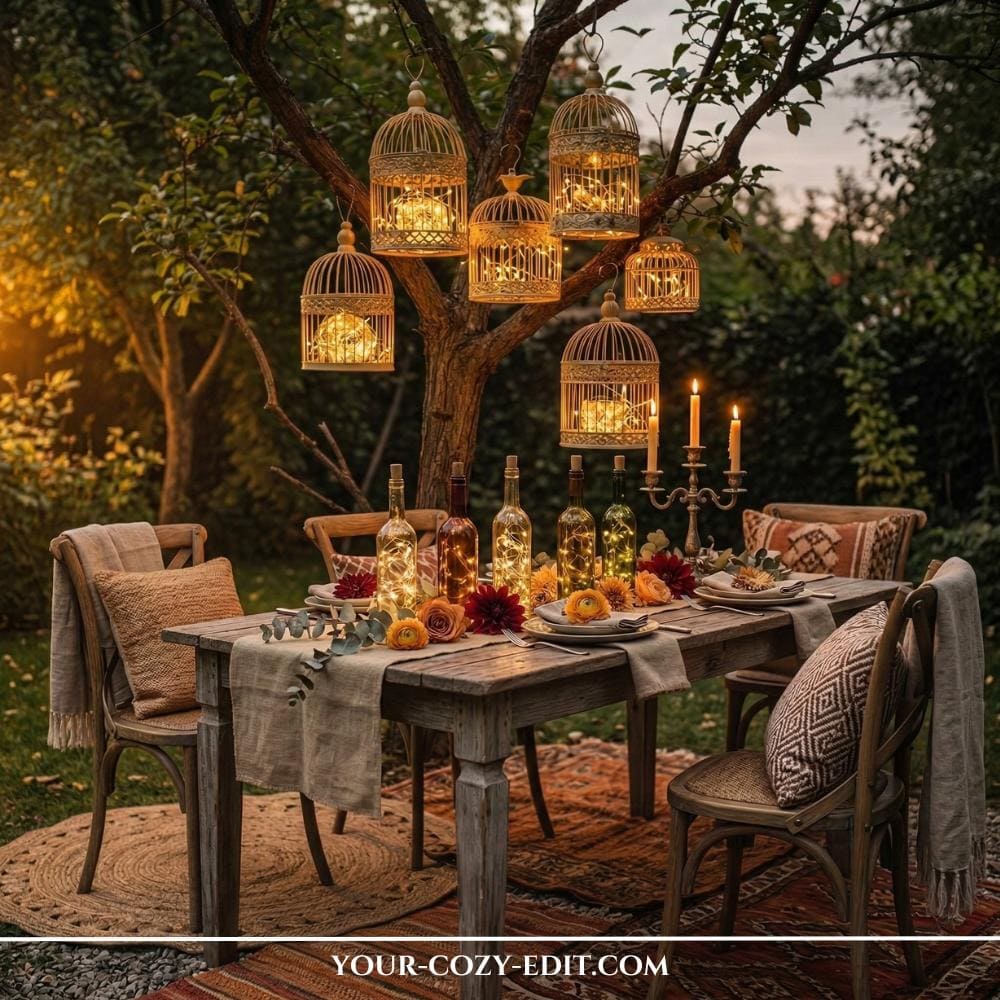 An enchanting backyard patio scene is captured at dusk, showcasing an intricate network of warm, indirect light displays. From a leafy branch, an ornate vintage wire birdcage is suspended, densely packed with glowing coiled warm-white micro LED string lights, creating a magical big-top effect. Below on a low rustic wooden shelf on the ground, a cluster of clear and amber glass bottles are arranged, each filled with coiled micro LED fairy lights that create a firefly-like swarm of lights. The ground is covered by a patterned rug and surrounded by lush greenery and softly blurred distant lights, bathing the scene in a magical, sun-dappled glow from filtering dusk sunlight.