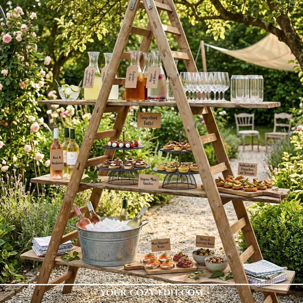 A rustic DIY buffet station made from an old wooden A-frame ladder with long wooden planks used as shelves is set in a blooming summer garden. The tiered shelves are artfully arranged with pitchers of lemonade, slate stands of appetizers, and a large galvanized metal tub filled with ice and wine bottles. Handwritten craft paper tags are attached to the food and drinks, adding a charming vintage touch to the display. The background features a lush green lawn, vibrant rose bushes, and lavender under soft, natural sunlight.