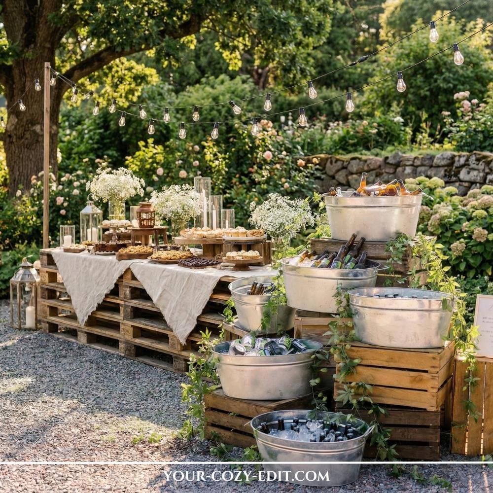 A lush, sun-dappled backyard garden setting features a comprehensive, multi-tiered rustic buffet and bar station set up under a large oak tree. The station is built with stacked wooden crates forming shelves, a dark wooden pallet base labeled 'ORGANIC CATERING • FRESH • LOCAL • DELICIOUS,' and includes a galvanized metal tub with 'DRINKS' filled with ice, beer, and wine bottles. Various platters of charcuterie, fresh bread, salads, and glass jars with lemonade and iced tea are arranged on the levels, decorated with ivy and eucalyptus greenery. Bistro string lights with large Edison bulbs are suspended overhead from the tree branches, and a small chalkboard sign labeled 'CATERING & DRINKS' and 'BACKYARD PARTY' sits near the drink tub.