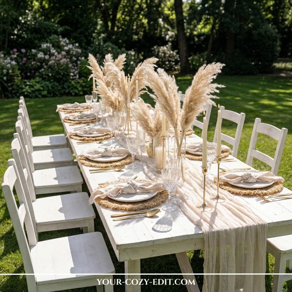 A long, white wooden farmhouse table is elegantly set for an outdoor gathering on a vibrant green lawn surrounded by lush trees. The monochromatic 'Cloud Dancer' tablescape features voluminous plumes of tan pampas grass in glass vases, interspersed with tall, thin ivory candles in gold holders. Each place setting includes a textured woven jute placemat, a white plate with a knotted cream napkin, and polished gold flatware. A sheer, light beige gauze runner is draped down the center of the table, adding soft texture and depth to the sophisticated bohemian design.