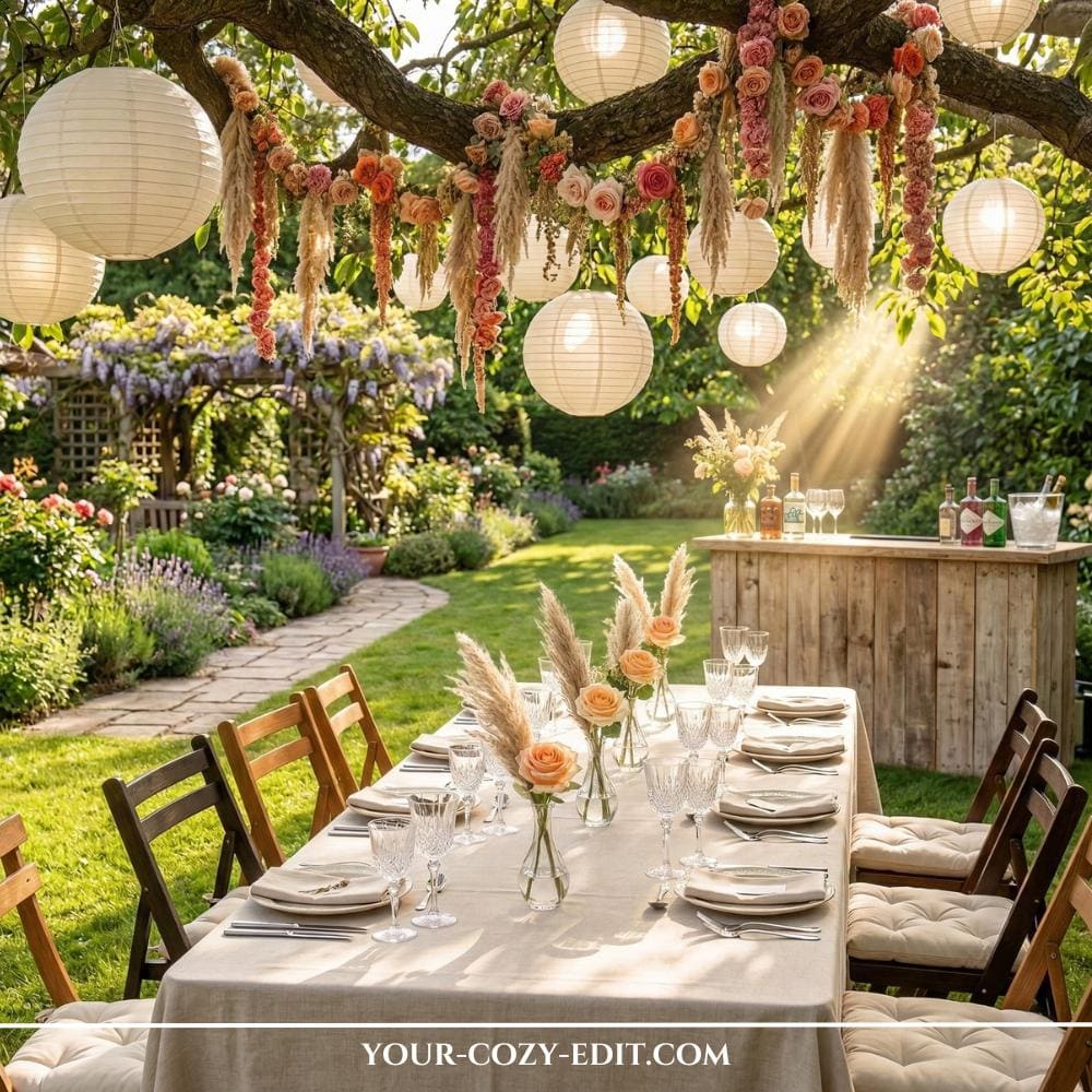 An elegant outdoor dining table with a beige linen cloth is set in a sun-drenched garden, decorated with simple bud vases of peach roses and pampas grass. Above the table, a magnificent canopy of large white paper lanterns and thick floral garlands made of roses and dried pampas grass hangs from the branches of a large tree. In the background, a rustic wooden outdoor bar stands ready on a lush lawn, surrounded by blooming lavender and garden flowers. Bright, warm sunbeams filter through the leaves, creating a dreamy and romantic atmosphere for a summer backyard celebration.