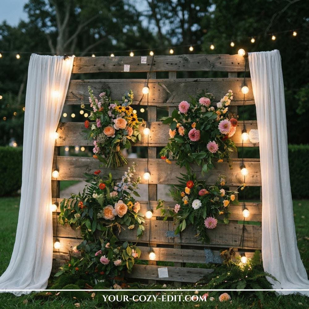 An enchanting backyard dining experience is captured at twilight, featuring a massive wooden pergola completely covered in a dense, cascading canopy of purple wisteria blooms and hundreds of twinkling micro LED string lights. A long, elegantly set dining table with white floral arrangements and elegant chairs is positioned directly beneath this magical floral tunnel, stretching into a lush garden background bathed in warm golden hour light. The atmosphere is profoundly romantic and fairytale-like, with light filtering through the wisteria, illuminating the entire setup and surrounding greenery.