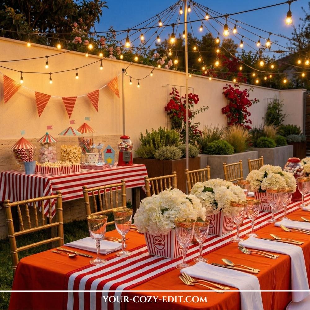 An elegantly detailed backyard party scene is set up at dusk, featuring a long dining table with red and white striped runners and centers full of white hydrangeas held in popcorn boxes, flanked by glamorous gold Chiavari chairs and place settings. Above, a complex, shimmering canopy of interwoven string lights is suspended from poles, creating a warm, magical big-top-like ceiling over the table. Behind, a dessert table is stocked with concession-style popcorn, candy jars, and bubblegum machines, framed by red bunting and potted plants with red flowers. The entire area is warmly lit, casting a magical glow over the vintage circus-themed environment.