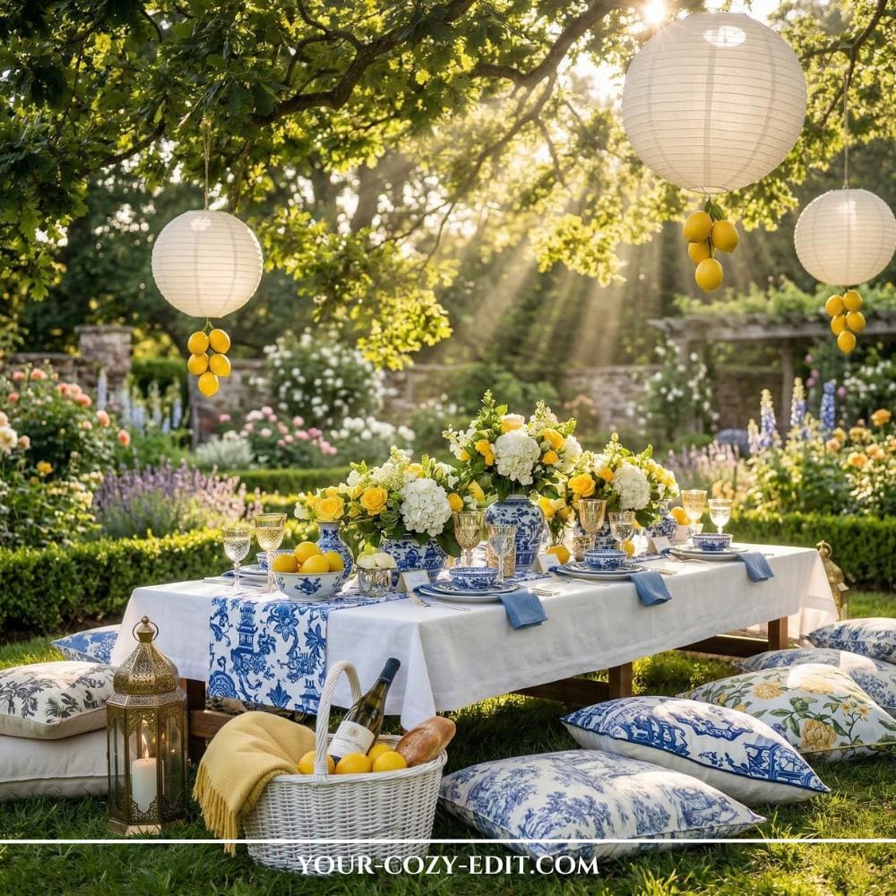 A lush, sun-dappled garden setting features a low, outdoor table set for a sophisticated Mediterranean picnic. The table is adorned with a blue-and-white Chinoiserie patterned runner, coordinate dishes, and abundant vases of yellow roses and white hydrangeas. Colorful patterned floor cushions are arranged on the grass next to a Moorish-style floor lantern and a picnic basket with a wine bottle and lemons. White paper lanterns with hanging clusters of fresh lemons are suspended from the tree branches above, illuminated by warm, magical sun rays.