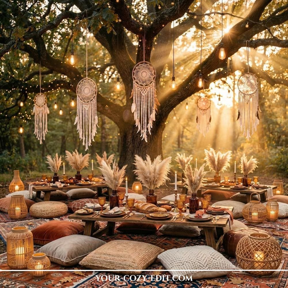 A cozy and inviting boho-chic garden party scene is set up under a large oak tree during a golden hour sunset. Low wooden pallet tables are layered on plush, textured rugs and surrounded by various colorful floor pillows and cushions. The tables are decorated with numerous vases of dried pampas grass plumes, candles, and coordinated place settings. Intricate macramé dreamcatchers and warm string lights hang from the tree branches, bathed in magical, streaming sun rays, while woven rattan lanterns light the ground.