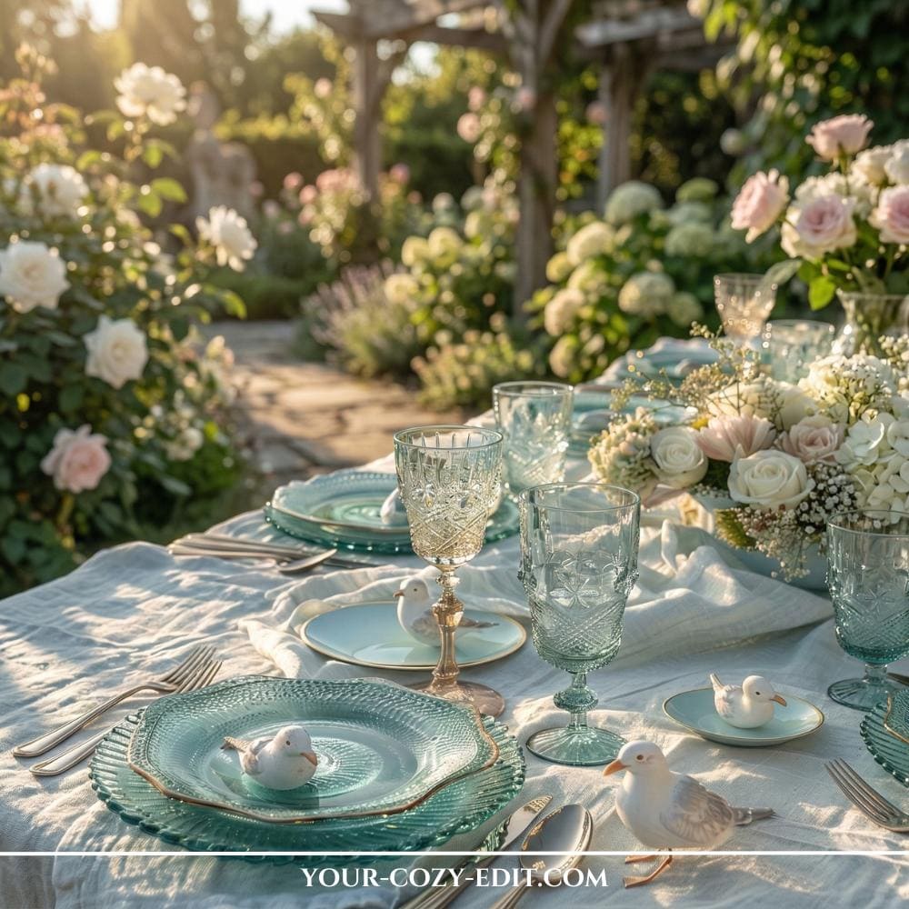 An elegant outdoor tablescape features a 'Cool Blue' palette with textured aqua glass plates and matching goblets on a white linen cloth. Small, realistic seagull figurines are placed as whimsical accents on each plate, creating a serene coastal theme. Abundant centerpieces of white and pale pink roses are bathed in golden afternoon sunlight filtering through a lush garden with rose bushes and pergolas. The atmosphere is ethereal and sophisticated, perfectly capturing a modern seaside-inspired backyard celebration.