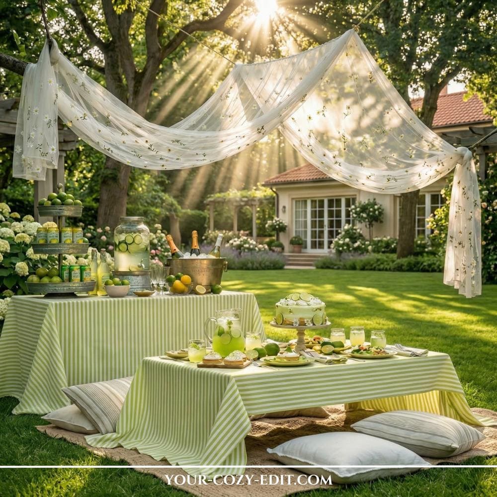Two tables covered in crisp green-and-white striped tablecloths are set up on a lush, sun-drenched lawn beneath a sheer, white canopy draped between trees. The tables are abundantly decorated with lime-themed desserts, a large glass drink dispenser filled with citrus-infused water, and tiered galvanized trays overflowing with fresh limes. Brilliant sunbeams filter through the trees, highlighting the vibrant green grass and blooming white hydrangeas in the background. In the foreground, plush white and striped floor pillows are arranged on a rug, creating a cozy and inviting outdoor lounge area.