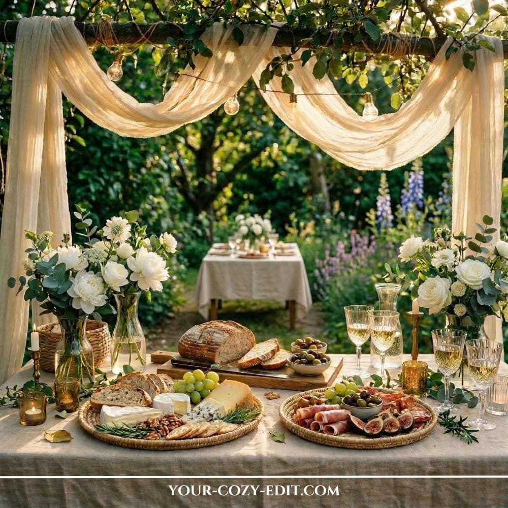 A beautifully set, rustic-chic outdoor dining table is arranged in a lush, sun-dappled garden under a canopy of draped, sheer linen fabric strung between tree branches. The table is laden with food, including rich charcuterie boards with cured meats and figs, various cheeses, fresh grapes, and loaves of rustic bread on woven rattan trays, alongside wine glasses and vases of white roses and eucalyptus. Warm, Edison-style string lights are woven beneath the fabric canopy, casting a soft glow over the feast as late afternoon sun filters through the greenery. A second, similarly styled table is visible further in the background, surrounded by purple and blue garden flowers.