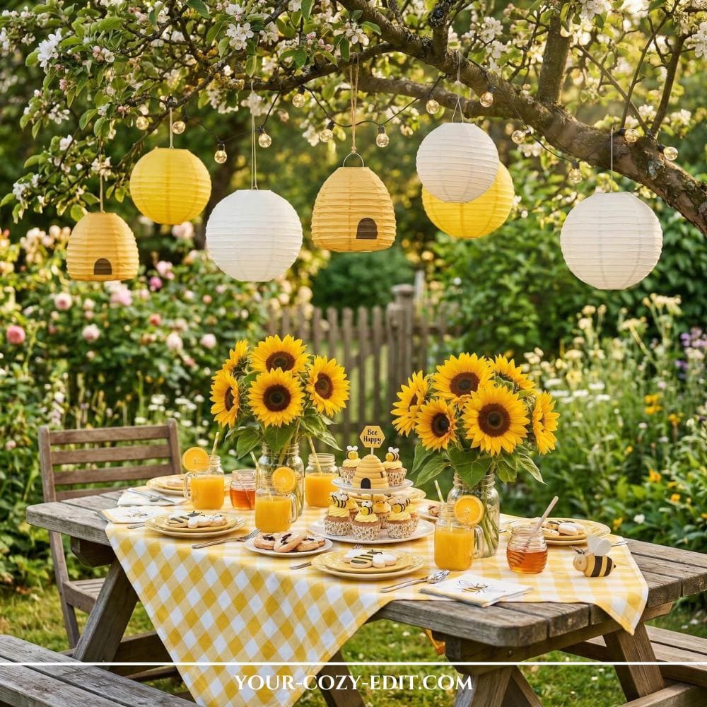 A cheerful backyard brunch is set on a wooden picnic table covered with a bright yellow and white gingham cloth. The table features large bouquets of vibrant sunflowers in glass jars, a tiered stand of cupcakes decorated with tiny bees, and jars of fresh orange juice with citrus slices. Above the table, white and yellow paper lanterns, including some shaped like beehives, hang from the blossoming branches of a large tree in a sunny garden. The scene is filled with warm sunlight, highlighting the lush greenery and flowers in the background.
