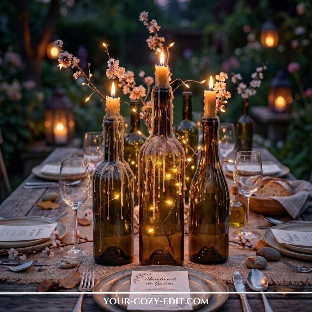 A rustic wooden backyard dining table is set for an intimate gathering under a canopy of blooming cherry trees. Multiple upcycled clear and amber glass bottles serve as a magical centerpiece, functioning as varied-height taper candle holders and glowing vessels filled with coiling micro LED fairy lights. White and natural yellow beeswax taper candles are inserted into many of the bottle necks, creating layered candlelight across the scene. The table features a grey textured linen runner, beige ceramic plates, and delicate cherry blossom branches placed in some of the bottles, all bathed in warm, sun-dappled golden hour light.