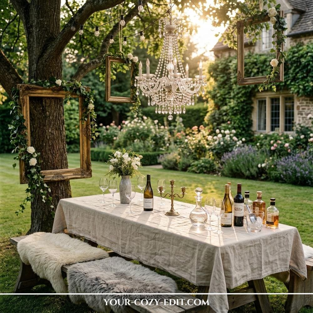 An intimate dusk garden setting features a magnificent, ornate crystal chandelier hanging from a tree branch directly above an elegant dining table. The chandelier is draped with climbing ivy greenery and blooming pink and white roses, softly illuminated by warm light. Suspended near it are several vintage, ornate gilded picture frames, also adorned with matching flowers and ivy, creating a whimsical floating display among softly blurred string lights filtering through the leaves. An exquisite table setting with fine china, crystal stemware, and candles is perfectly arranged below, surrounded by blooming hydrangeas and garden foliage.