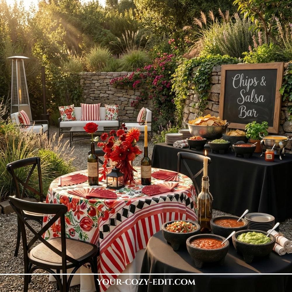 A vibrant outdoor patio features a dedicated 'Chips & Salsa Bar' with a large chalkboard sign set against a rustic stone wall. The buffet is styled with stone molcajete bowls filled with various salsas, alongside a large silver bowl of tortilla chips and warm dip stations. In the foreground, a round table with a bold red, white, and black patterned cloth is decorated with red roses in wine bottles and red folding fans used as creative placemats. The entire scene is bathed in warm, golden hour sunlight, highlighting a cozy lounge area with striped and floral cushions in the background.