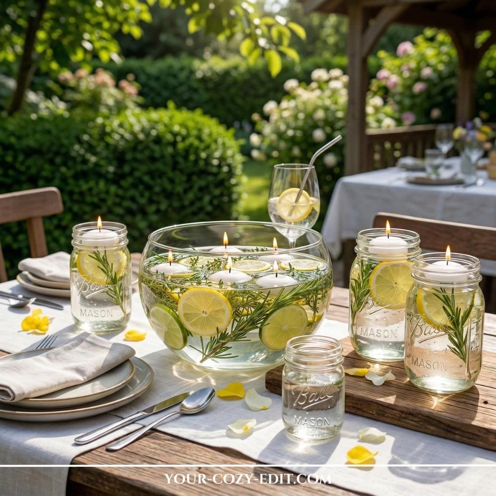 An intimate, golden-hour photograph captures a detailed rustic backyard party catering station under a canopy of glowing Edison-bulb string lights. The cohesive setup features labeled items on barrels like 'BACKYARD PARTY' and 'DRINKS' using small stamped metal tags, nestled among stacked wooden crates. The focus is on multiple upcycled glass and Mason jars filled with water, fresh slices of lemon and lime, fragrant rosemary sprigs, and glowing floating candles, with a few jars and other items displaying similar metal labels. Sunlight filters through surrounding greenery, enhancing the warm and inviting atmosphere.