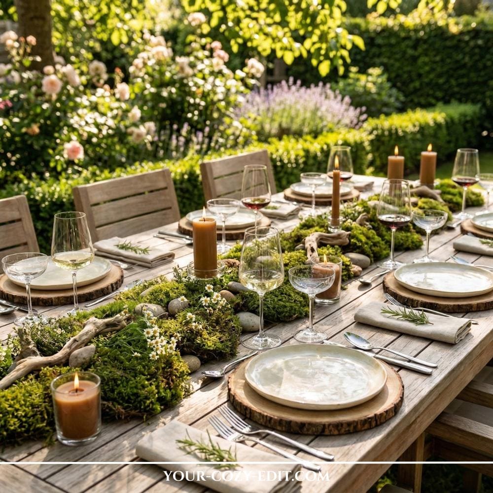 A long, rustic wooden outdoor table is decorated with a lush green moss runner featuring smooth river stones, pieces of driftwood, and tiny white flowers. Each place setting consists of a cream ceramic plate on a natural wood slice charger, topped with a linen napkin and a sprig of fresh rosemary. Honey-colored pillar candles are scattered along the runner, glowing softly in the dappled sunlight of a vibrant garden. The background is filled with blooming roses and lavender, creating a serene and organic atmosphere for an outdoor dinner.