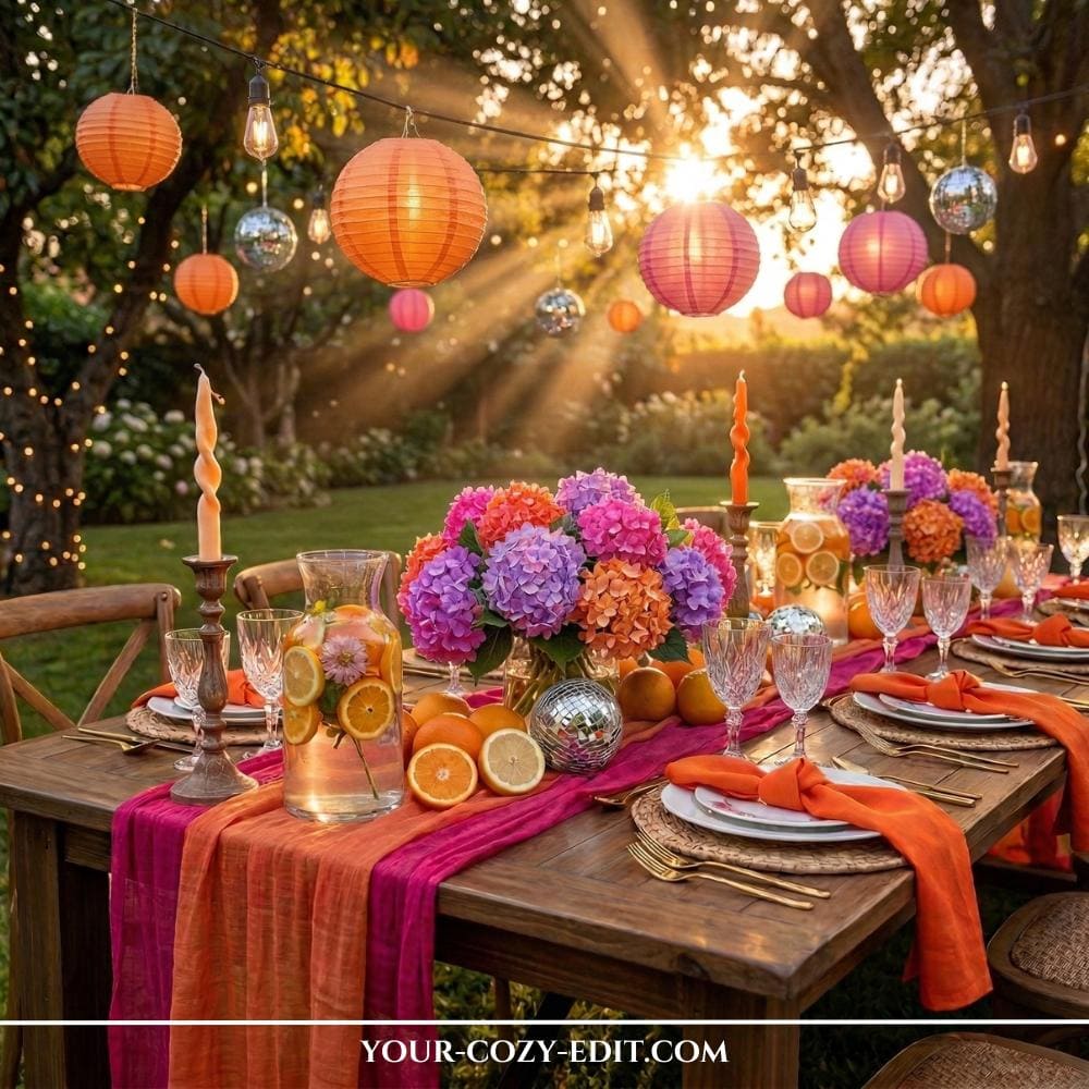 A long wooden outdoor dining table is set up in a lush garden during the golden hour of sunset, bathed in filtered sun rays. The table is decorated with multi-toned orange and magenta chiffon runners, centerpieces of purple and coral hydrangeas, scattered whole and halved oranges and grapefruits, and twisted candles. String lights with Edison bulbs and orange, pink, and magenta paper lanterns with small disco balls hang above from tree branches. Glassware and place settings are neatly arranged, and more colorful lanterns are visible in the background garden filled with lavender and other flowering plants