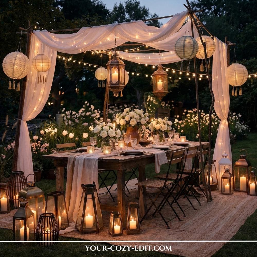An intimate backyard dinner scene is captured at dusk, featuring a long rustic wooden table heavily laden with candlelight under a sheer white canopy. A complex network of warm string lights, and numerous hanging lanterns (white paper and detailed Moroccan-style) are suspended overhead, casting an enchanting glow. The ground is almost entirely covered by a textured rug clustered with countless different candle lanterns of varying heights, creating a profound 'sea of lights.' The atmosphere is intimate, romantic, and fairytale-like, surrounded by lush garden greenery and blooming white flowers.