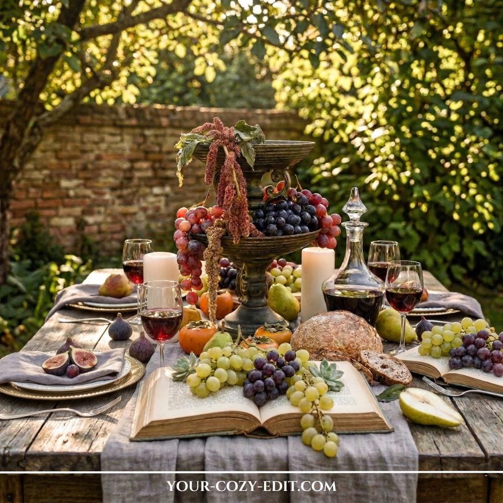 A rustic wooden outdoor table is transformed into an abundant, edible feast under dappled sunlight, set against an old brick wall and lush garden greenery. Vintage, open books are scattered across a grey linen runner, serving as unique 'platters' for clusters of white grapes, sliced pears, and figs. A dramatic, multi-tiered dark metal stand serves as the centerpiece, overflowing with dark red grapes, figs, and persimmons, while multiple glasses filled with deep red wine and a decanter complete the setting. The entire setup exudes an inviting, old-world European charm, perfectly illustrating how beautiful, practical decor can be used for unforgettable summer hosting.